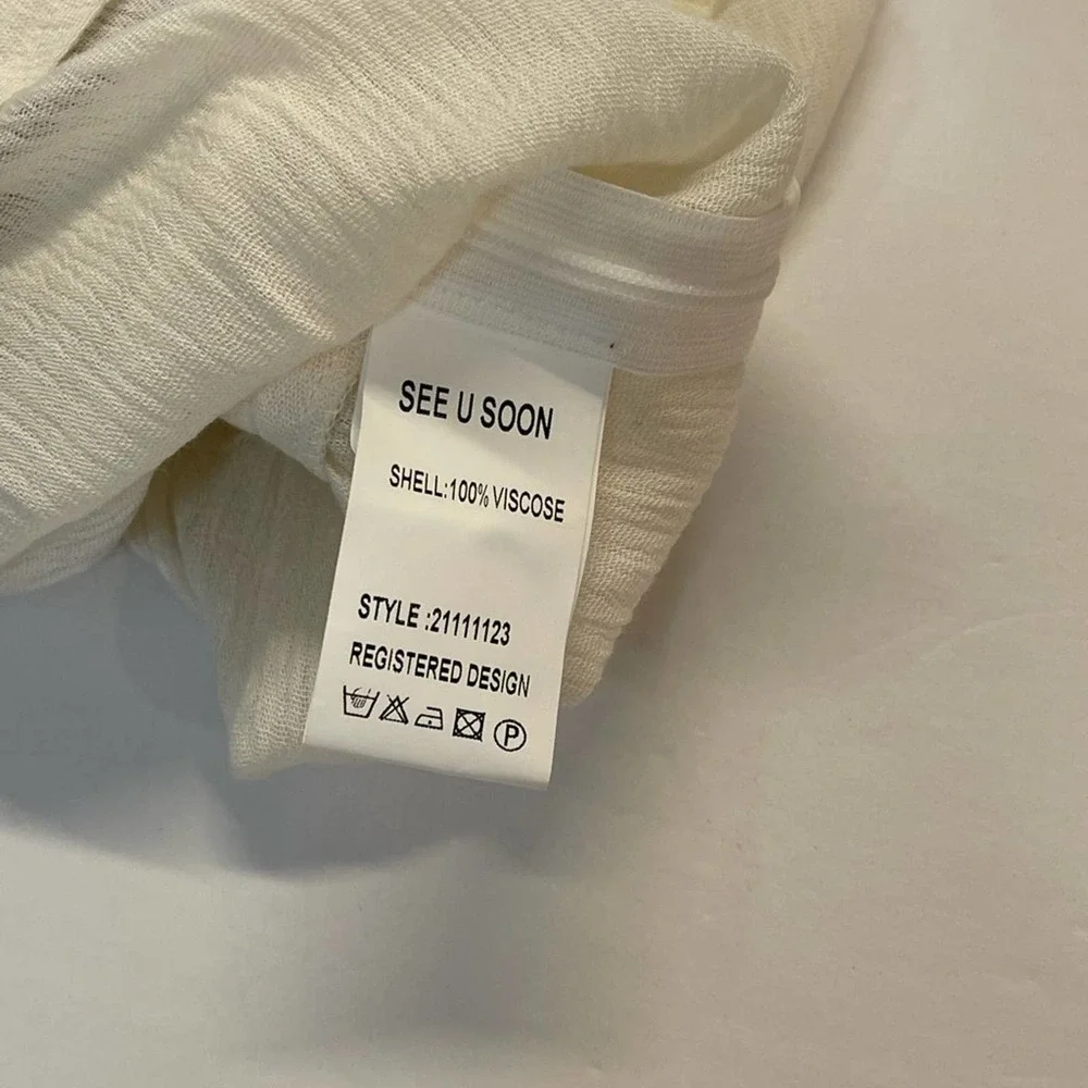 SEE U SOON Boho Style Beige w/Multi Color Cap Ruffled Sleeves & Banded Waistline - Picture 4 of 10